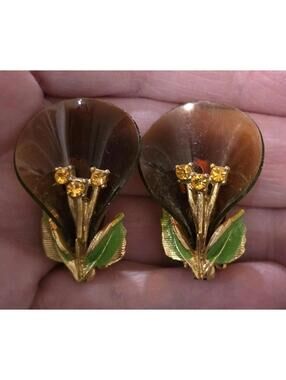 Vtg Lucite Tortoise shell & Rhinestones CallaLily Earrings Rare Iconic 1950s